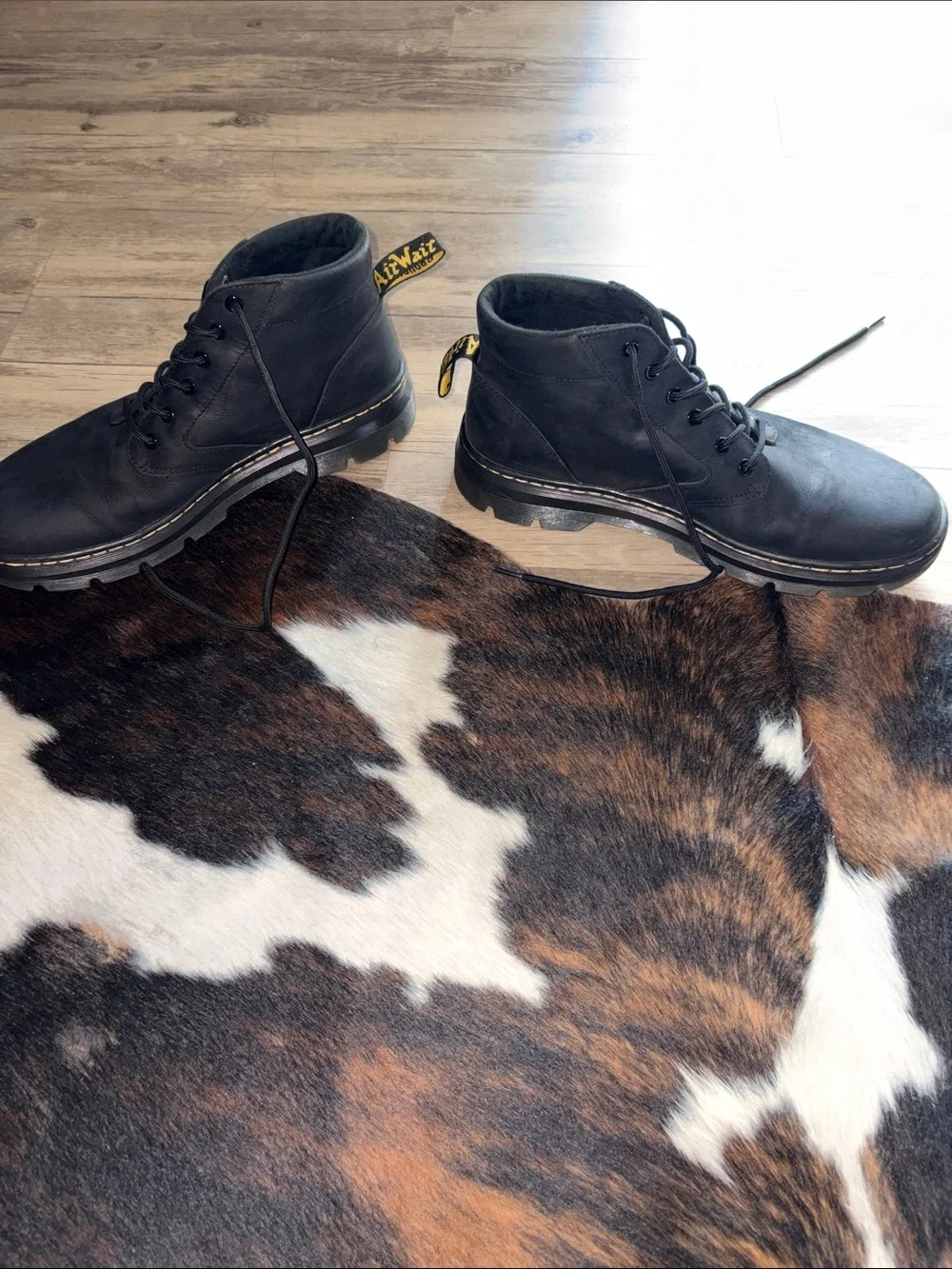Dr. Martens Black Leather Lace-Up Boots with Yellow Heel Loop